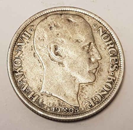 1 kr 1908 uten plate kv. 1